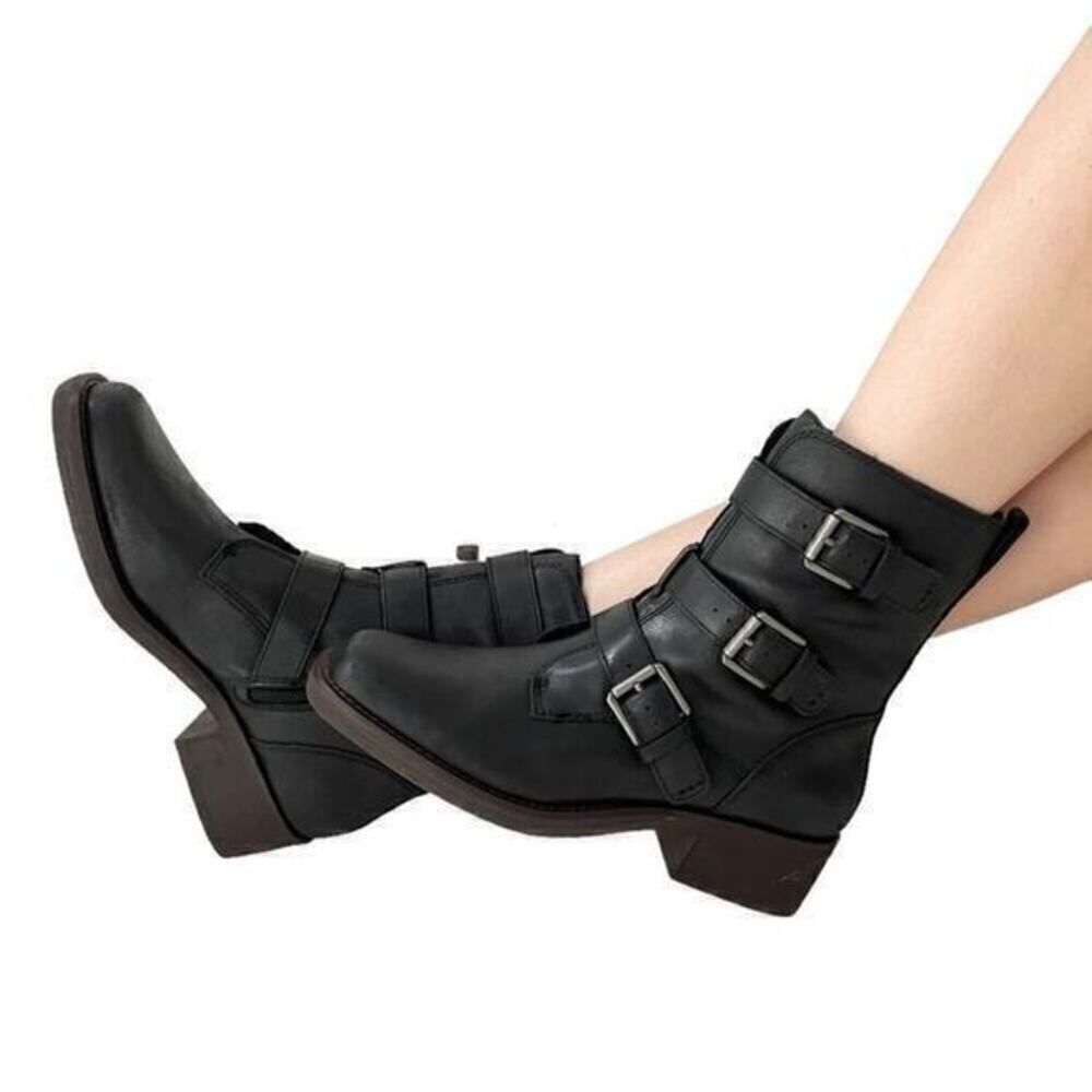 Lucky Brand Katriny Buckle Straps Riding Boot in Black Leather size 6.5 NWOB